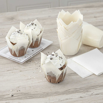Panificio 4 oz White Paper Tulip Baking Cup - Greaseproof - 3 1/2" x 3 1/2" x 3 1/2" - 200 count box