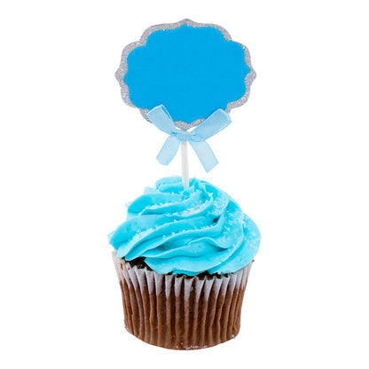 Top Cake Blue Paper DIY Personalized Cake Topper - Bow, Silver Glitter Rim - 4 1/2" x 2 1/2" - 100 count box