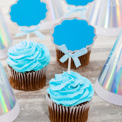 Top Cake Blue Paper DIY Personalized Cake Topper - Bow, Silver Glitter Rim - 4 1/2" x 2 1/2" - 100 count box