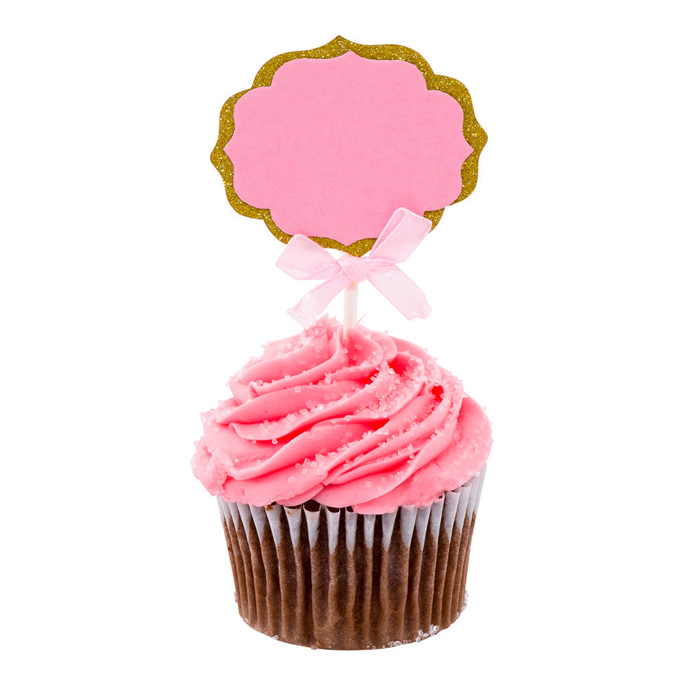 Top Cake Pink Paper DIY Personalized Cake Topper - Bow, Gold Glitter Rim - 4 1/2" x 2 1/2" - 10 count box