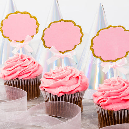 Top Cake Pink Paper DIY Personalized Cake Topper - Bow, Gold Glitter Rim - 4 1/2" x 2 1/2" - 10 count box