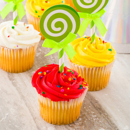 Top Cake Green Paper Swirl Lollipop Cake Topper - Neon Green Bow - 5 1/4" x 2" - 100 count box