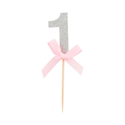Top Cake Pink Paper One Cake Topper - Silver Glitter, Pink Bow - 3 1/2" x 1 1/2" - 10 count box