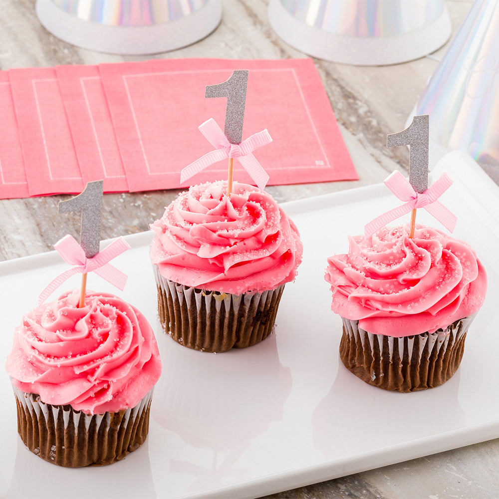 Top Cake Pink Paper One Cake Topper - Silver Glitter, Pink Bow - 3 1/2" x 1 1/2" - 100 count box