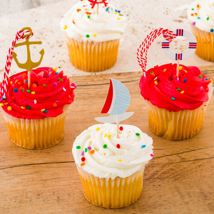 Top Cake Assorted Paper Nautical Cake Topper - Red and White Rope - 3 1/4" x 1 1/4" - 24 pieces