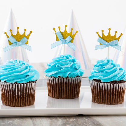 Top Cake Gold Paper Crown Cake Topper - Glitter, Blue Bow - 3 3/4" x 1 1/2" - 10 count box