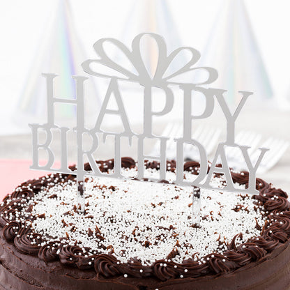Top Cake Silver Acrylic Happy Birthday Cake Topper - Mirrored - 6" x 5 3/4" - 1 count box