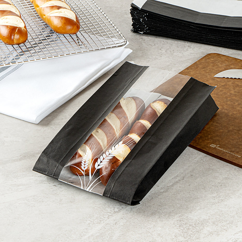 Bag Tek Black Paper Bread Bag - Micro-Perforated, Greaseproof, Wheat Pattern - 5 3/4" x 2 3/4" x 11 1/2" - 100 count box