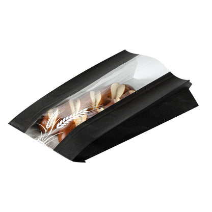 Bag Tek Black Paper Bread Bag - Micro-Perforated, Greaseproof, Wheat Pattern - 5 3/4" x 2 3/4" x 11 1/2" - 100 count box