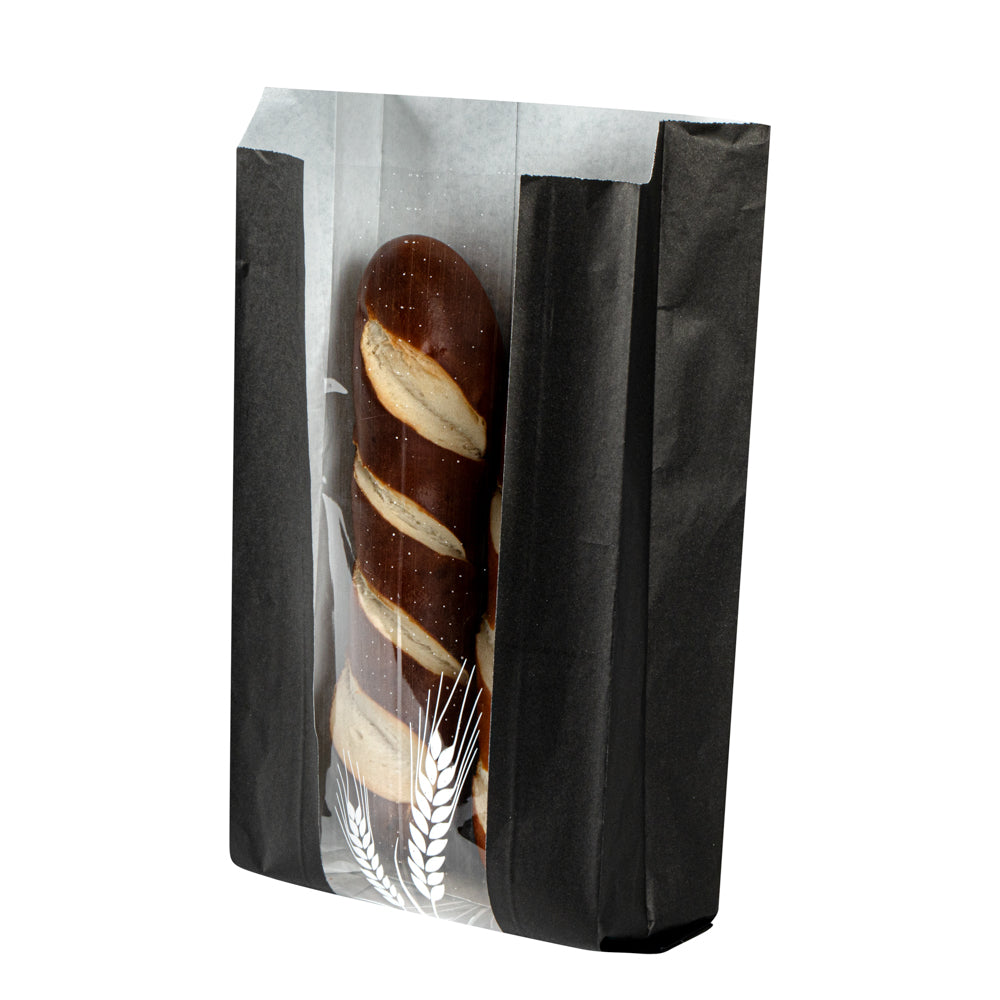 Bag Tek Black Paper Bread Bag - Micro-Perforated, Greaseproof, Wheat Pattern - 5 3/4" x 2 3/4" x 11 1/2" - 100 count box