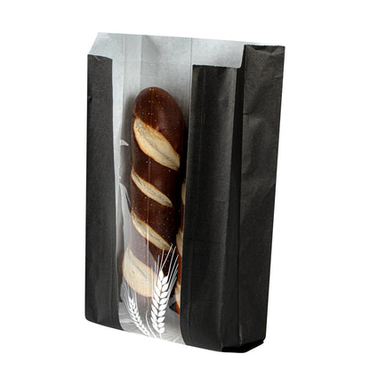 Bag Tek Black Paper Bread Bag - Micro-Perforated, Greaseproof, Wheat Pattern - 5 3/4" x 2 3/4" x 11 1/2" - 100 count box