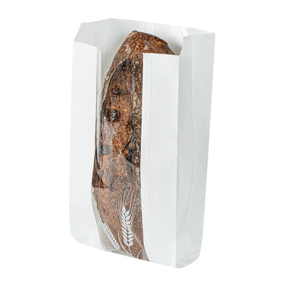 Bag Tek White Paper Bread Bag - Micro-Perforated, Greaseproof, Wheat Pattern - 5 3/4" x 2 3/4" x 11 1/2" - 100 count box