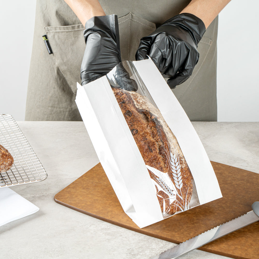 Bag Tek White Paper Bread Bag - Micro-Perforated, Greaseproof, Wheat Pattern - 5 3/4" x 2 3/4" x 11 1/2" - 100 count box