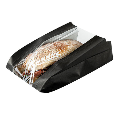 Bag Tek Black Paper Bread Bag - Micro-Perforated, Greaseproof, Wheat Pattern - 4 1/2" x 2 1/2" x 8 1/2" - 100 count box