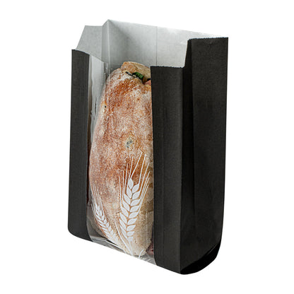 Bag Tek Black Paper Bread Bag - Micro-Perforated, Greaseproof, Wheat Pattern - 4 1/2" x 2 1/2" x 8 1/2" - 100 count box