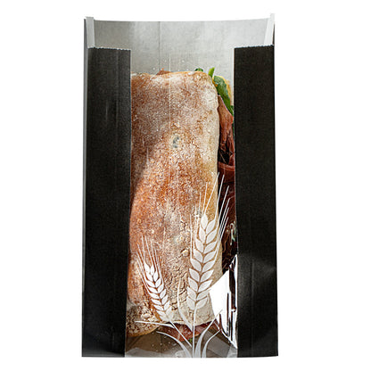 Bag Tek Black Paper Bread Bag - Micro-Perforated, Greaseproof, Wheat Pattern - 4 1/2" x 2 1/2" x 8 1/2" - 100 count box