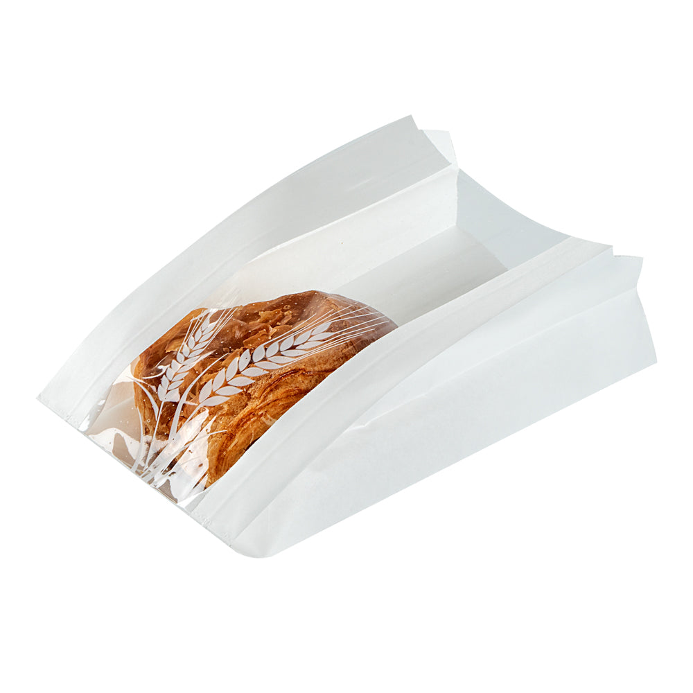Bag Tek White Paper Bread Bag - Micro-Perforated, Greaseproof, Wheat Pattern - 4 1/2" x 2 1/2" x 8 1/2" - 100 count box