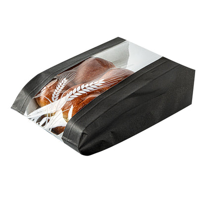 Bag Tek Black Paper Bread Bag - Micro-Perforated, Greaseproof, Wheat Pattern - 4 3/4" x 2 3/4" x 8 1/2" - 100 count box