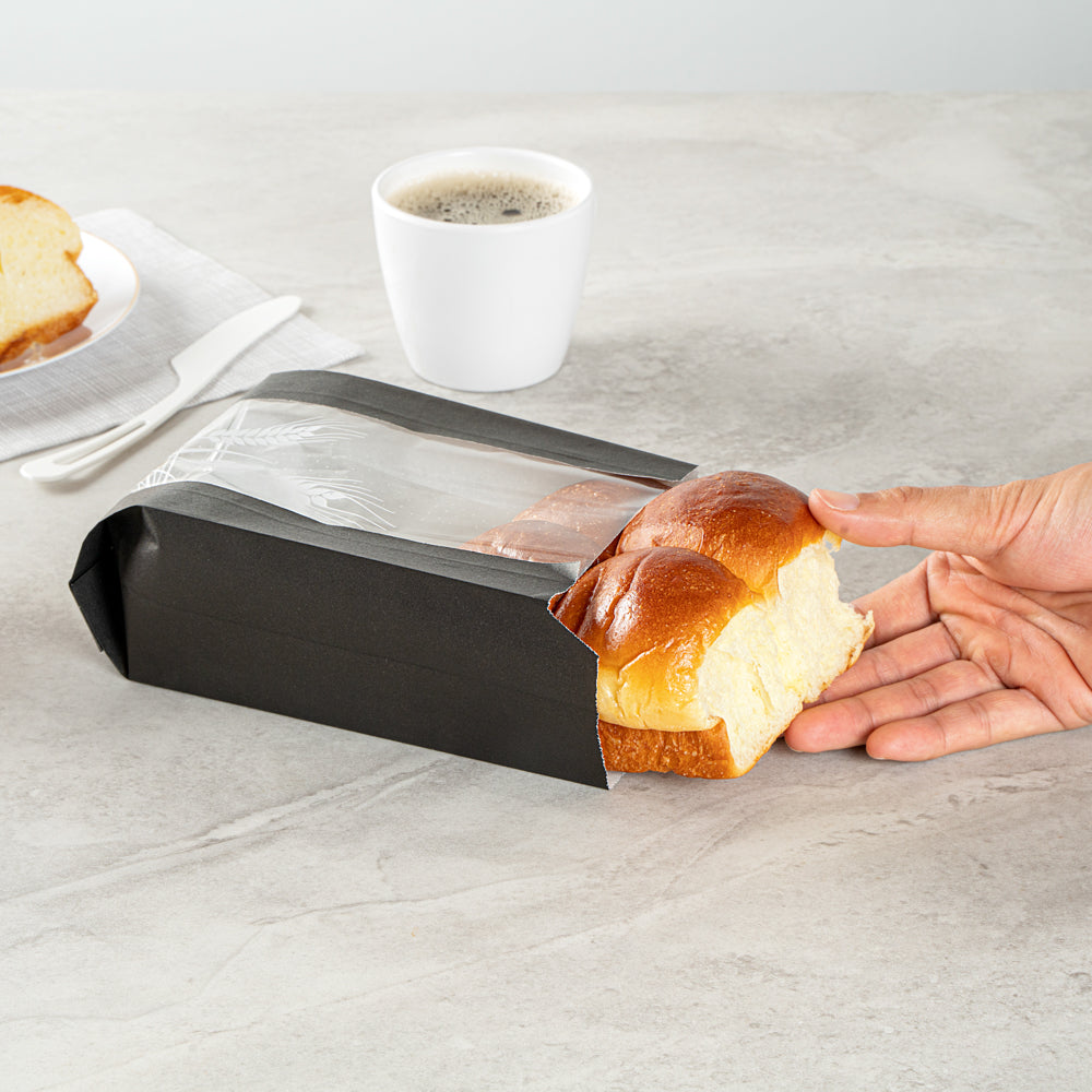 Bag Tek Black Paper Bread Bag - Micro-Perforated, Greaseproof, Wheat Pattern - 4 3/4" x 2 3/4" x 8 1/2" - 100 count box