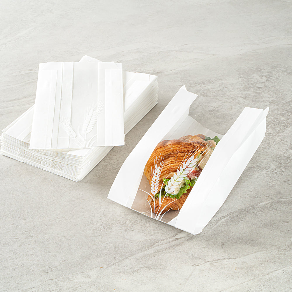 Bag Tek White Paper Bread Bag - Micro-Perforated, Greaseproof, Wheat Pattern - 4 3/4" x 2 3/4" x 8 1/2" - 100 count box
