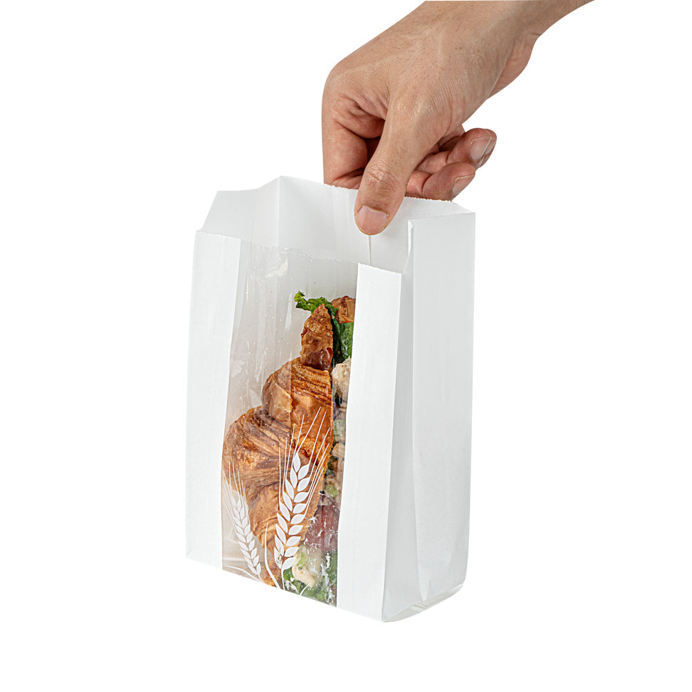 Bag Tek White Paper Bread Bag - Micro-Perforated, Greaseproof, Wheat Pattern - 4 3/4" x 2 3/4" x 8 1/2" - 100 count box