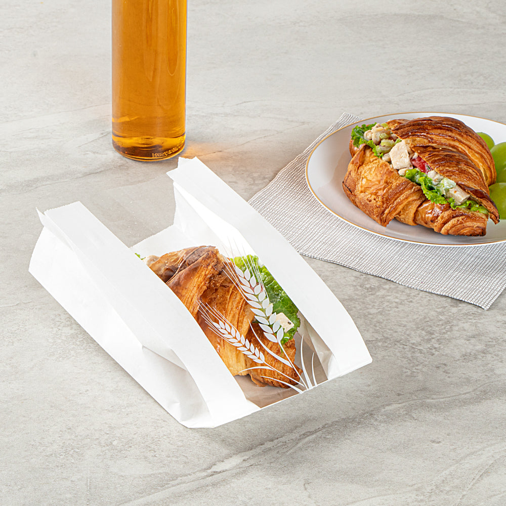 Bag Tek White Paper Bread Bag - Micro-Perforated, Greaseproof, Wheat Pattern - 4 3/4" x 2 3/4" x 8 1/2" - 100 count box