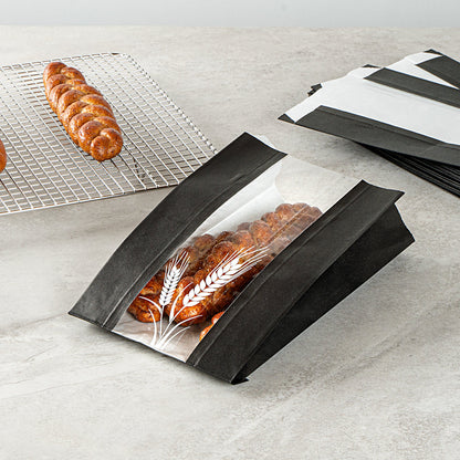 Bag Tek Black Paper Bread Bag - Micro-Perforated, Greaseproof, Wheat Pattern - 6" x 2 3/4" x 10" - 100 count box