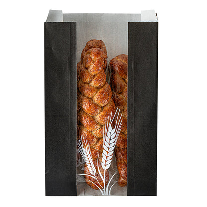 Bag Tek Black Paper Bread Bag - Micro-Perforated, Greaseproof, Wheat Pattern - 6" x 2 3/4" x 10" - 100 count box