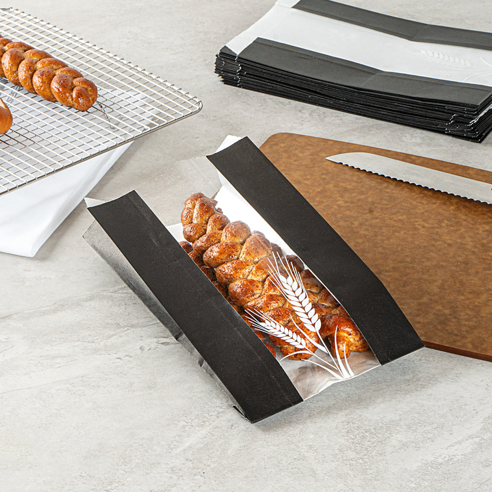 Bag Tek Black Paper Bread Bag - Micro-Perforated, Greaseproof, Wheat Pattern - 6" x 2 3/4" x 10" - 100 count box