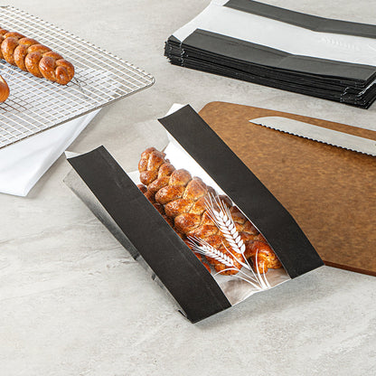 Bag Tek Black Paper Bread Bag - Micro-Perforated, Greaseproof, Wheat Pattern - 6" x 2 3/4" x 10" - 100 count box