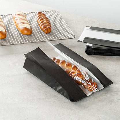 Bag Tek Black Paper Bread Bag - Micro-Perforated, Greaseproof, Wheat Pattern - 6" x 2 3/4" x 10" - 100 count box