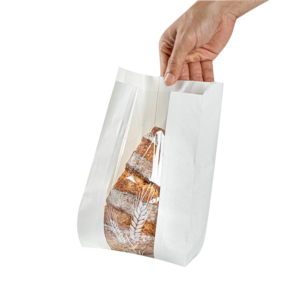Bag Tek White Paper Bread Bag - Micro-Perforated, Greaseproof, Wheat Pattern - 6" x 2 3/4" x 10" - 100 count box