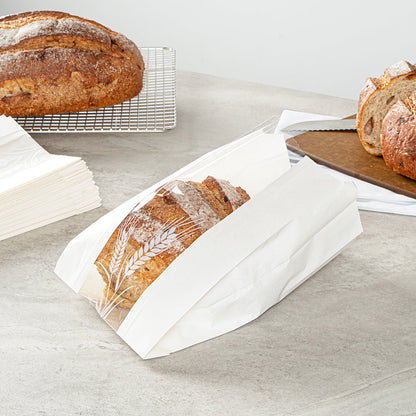 Bag Tek White Paper Bread Bag - Micro-Perforated, Greaseproof, Wheat Pattern - 6" x 2 3/4" x 10" - 100 count box