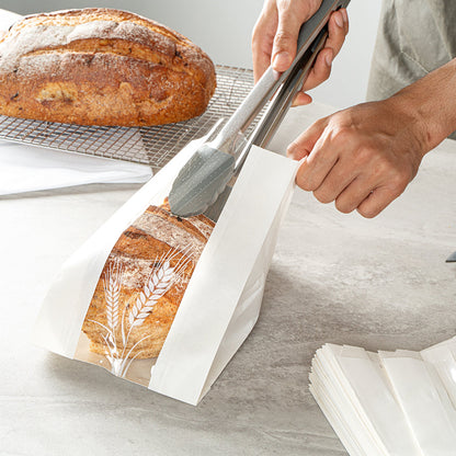 Bag Tek White Paper Bread Bag - Micro-Perforated, Greaseproof, Wheat Pattern - 6" x 2 3/4" x 10" - 100 count box