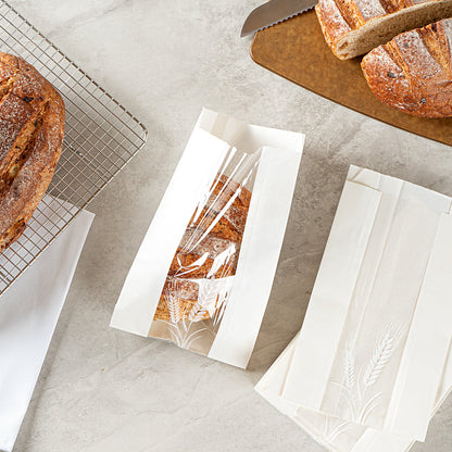 Bag Tek White Paper Bread Bag - Micro-Perforated, Greaseproof, Wheat Pattern - 6" x 2 3/4" x 10" - 100 count box