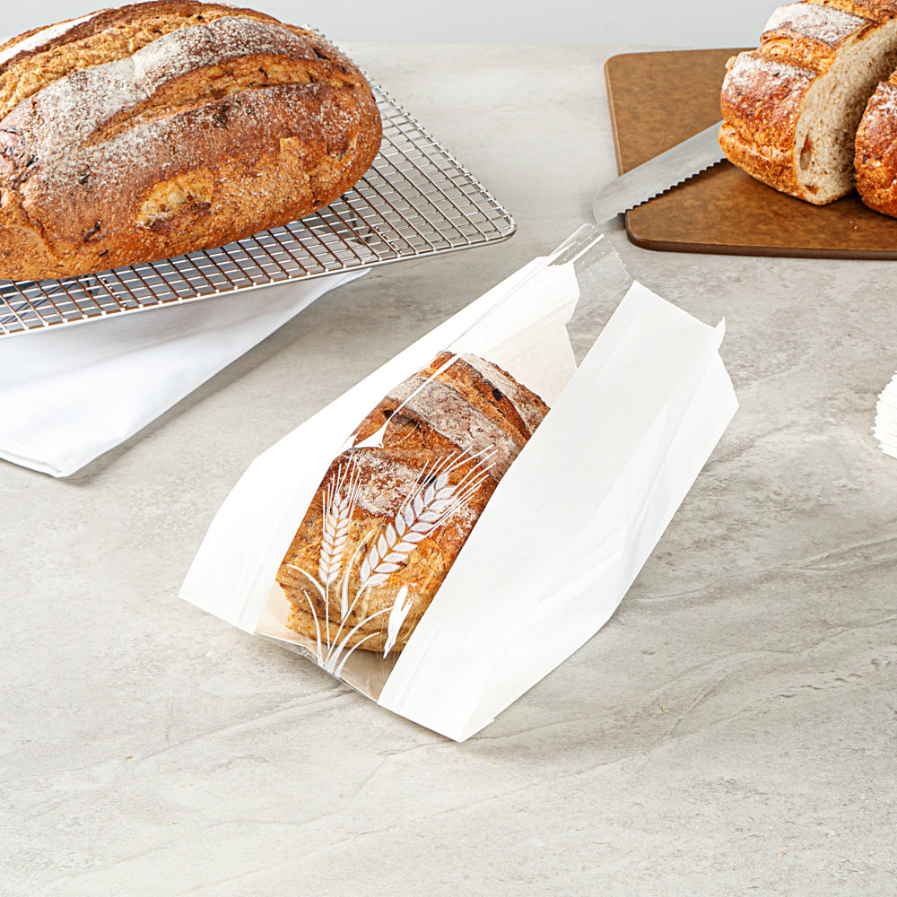 Bag Tek White Paper Bread Bag - Micro-Perforated, Greaseproof, Wheat Pattern - 6" x 2 3/4" x 10" - 100 count box