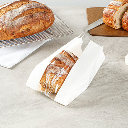 Bag Tek White Paper Bread Bag - Micro-Perforated, Greaseproof, Wheat Pattern - 6" x 2 3/4" x 10" - 100 count box