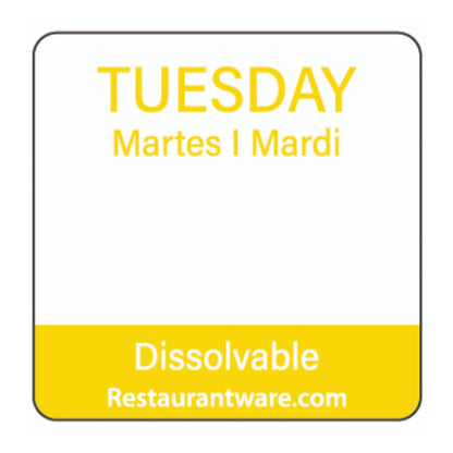 RW Smart Yellow Paper Weekly Tuesday Food Rotation Label - Dissolvable, Trilingual - 1" x 1" - 500 count roll