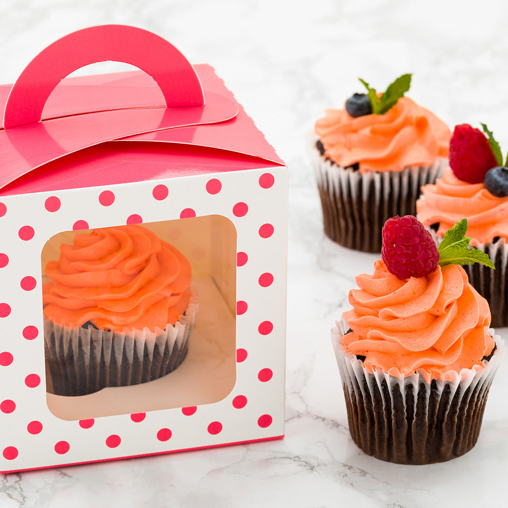 Pastry Tek Square Pink Paper Cupcake Window Box - Polka Dots, Fits 1 - 4 1/2" x 4 1/2" x 4 1/2" - 100 count box