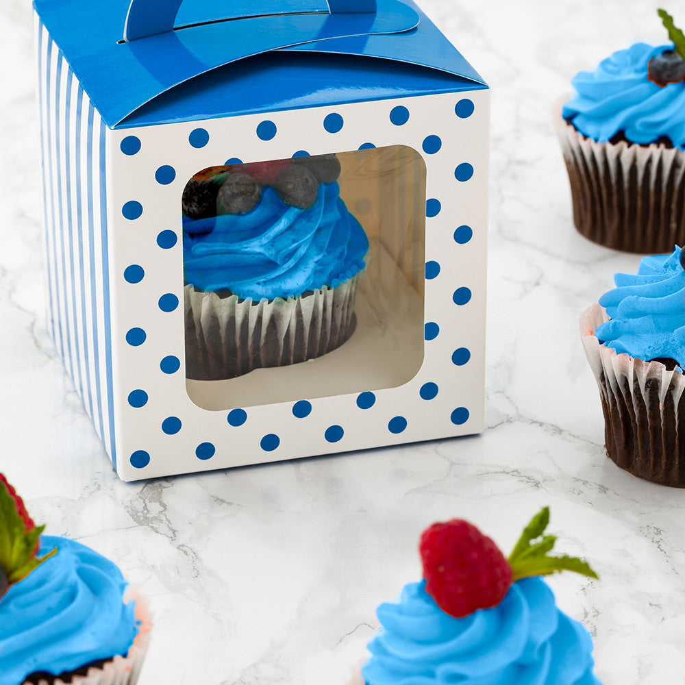 Pastry Tek Square Blue Paper Cupcake Window Box - Polka Dots, Fits 1 - 4 1/2" x 4 1/2" x 4 1/2" - 100 count box