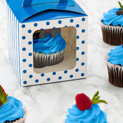 Pastry Tek Square Blue Paper Cupcake Window Box - Polka Dots, Fits 1 - 4 1/2" x 4 1/2" x 4 1/2" - 100 count box