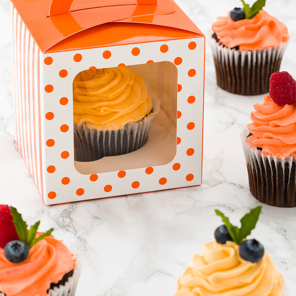 Pastry Tek Square Orange Paper Cupcake Window Box - Polka Dots, Fits 1 - 4 1/2" x 4 1/2" x 4 1/2" - 100 count box