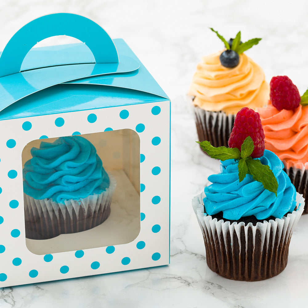 Pastry Tek Square Teal Paper Cupcake Window Box - Polka Dots, Fits 1 - 4 1/2" x 4 1/2" x 4 1/2" - 100 count box