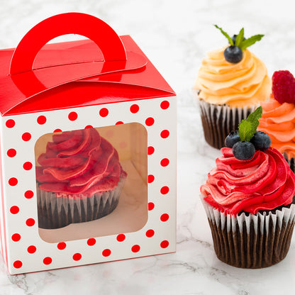Pastry Tek Square Red Paper Cupcake Window Box - Polka Dots, Fits 1 - 4 1/2" x 4 1/2" x 4 1/2" - 100 count box