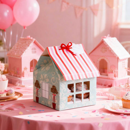 Pastry Tek Pink and Blue Paper Petite House Cupcake Window Gift Box - Fits 4 - 6" x 6" x 7 3/4" - 100 count box