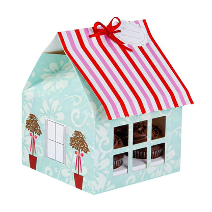 Pastry Tek Pink and Blue Paper Petite House Cupcake Window Gift Box - Fits 4 - 6" x 6" x 7 3/4" - 100 count box
