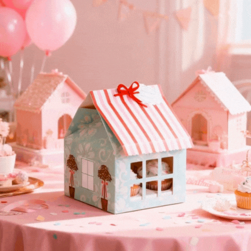 Pastry Tek Pink and Blue Paper Petite House Cupcake Window Gift Box - Fits 4 - 6" x 6" x 7 3/4" - 100 count box