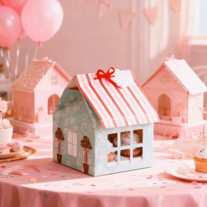 Pastry Tek Pink and Blue Paper Petite House Cupcake Window Gift Box - Fits 4 - 6" x 6" x 7 3/4" - 100 count box
