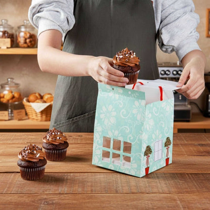 Pastry Tek Pink and Blue Paper Petite House Cupcake Window Gift Box - Fits 4 - 6" x 6" x 7 3/4" - 100 count box
