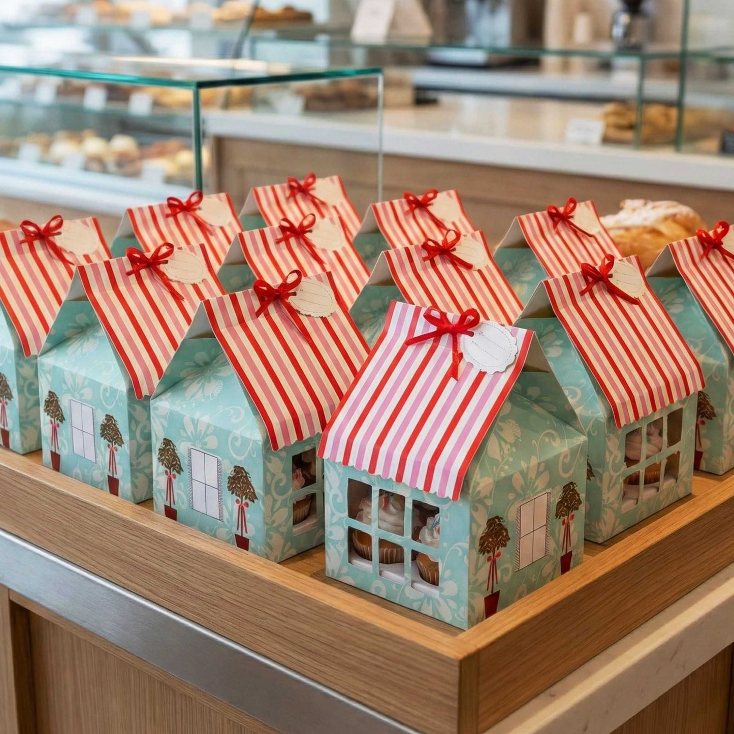 Pastry Tek Pink and Blue Paper Petite House Cupcake Window Gift Box - Fits 4 - 6" x 6" x 7 3/4" - 100 count box
